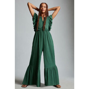 Anthropologie Embroidered Flounce Textured Wide Leg Jumpsuit Green L Tall